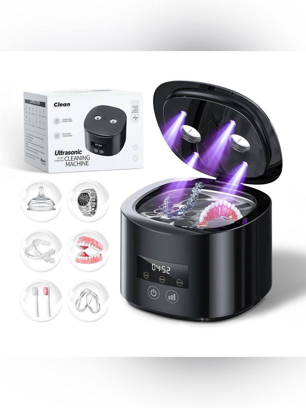 Black Ultrasonic Cleaning Machine with LED Sterilization